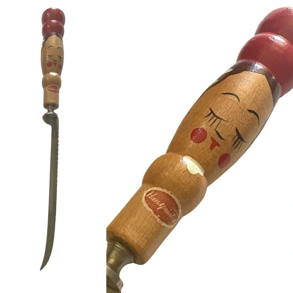 Vintage 40s 50s Hand Painted Face Lady Fillet Knife Kitchen Utensil Red Wood
